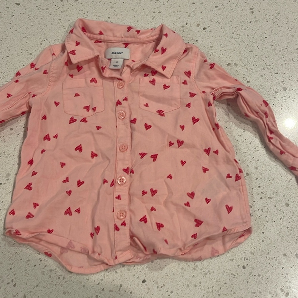 Old Navy Pink Button-Down Shirt with Red Heart Print